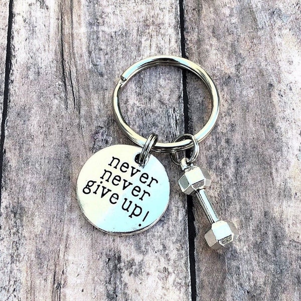 Fitness Keychain, Never Give Up, Fitness Gift, Motivation Gift, Personal Trainer Gift, Silver Keychain, Gift for Her, Inspirational Gift