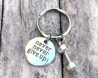 Fitness Keychain, Never Give Up, Fitness Gift, Motivation Gift, Personal Trainer Gift, Silver Keychain, Gift for Her, Inspirational Gift