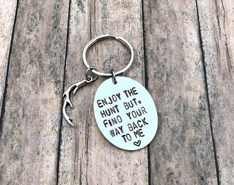 Deer Hunting Silver Keychain: Hand Stamped Aluminum, Antler Charm, Hunter Gift