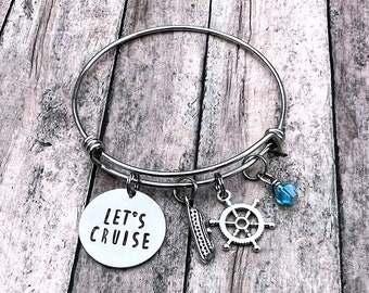Travel Gift, Cruise Jewelry, Travel Jewelry, Cruise Vacation, Silver Bracelet, Cruise Ship Bracelet, Hand stamped Jewelry, Gift for Her