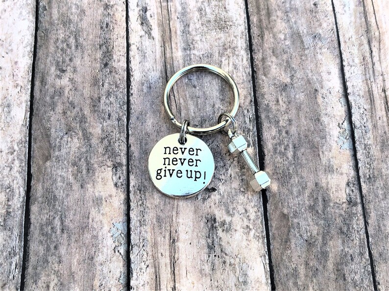 Fitness Keychain, Never Give Up, Fitness Gift, Motivation Gift, Personal Trainer Gift, Silver Keychain, Gift for Her, Inspirational Gift image 5