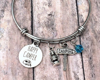 Camping Bracelet - Camping Gift for Her - Travel Gifts - Happy Camper - RV Life - Bangle Bracelet - Camp Fire Jewelry