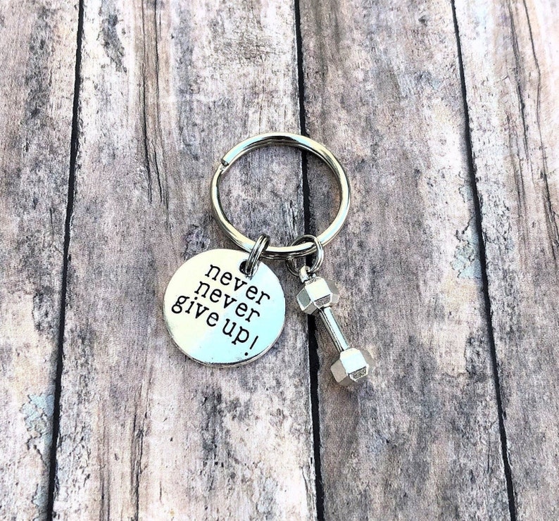 Fitness Keychain, Never Give Up, Fitness Gift, Motivation Gift, Personal Trainer Gift, Silver Keychain, Gift for Her, Inspirational Gift image 1