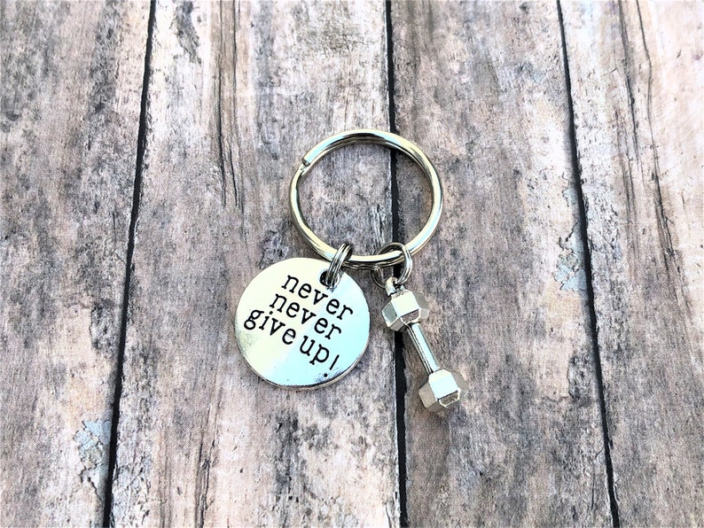 Fitness Keychain, Never Give Up, Fitness Gift, Motivation Gift, Personal Trainer Gift, Silver Keychain, Gift for Her, Inspirational Gift image 6