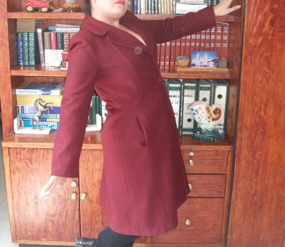 Swing Coat, 70s Red Wine Wool Vintage Coat, Trapez