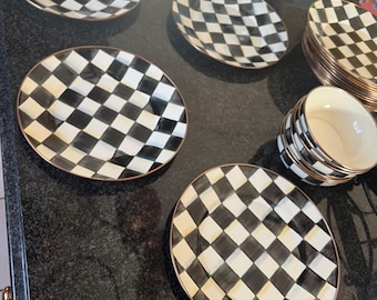 Mackenzie Childs Courtly Check set a four 10 1/4" Plate, Mackenzie Childs Black Courtly Check Dinner Plate, Mackenzie Childs Enamel Plate