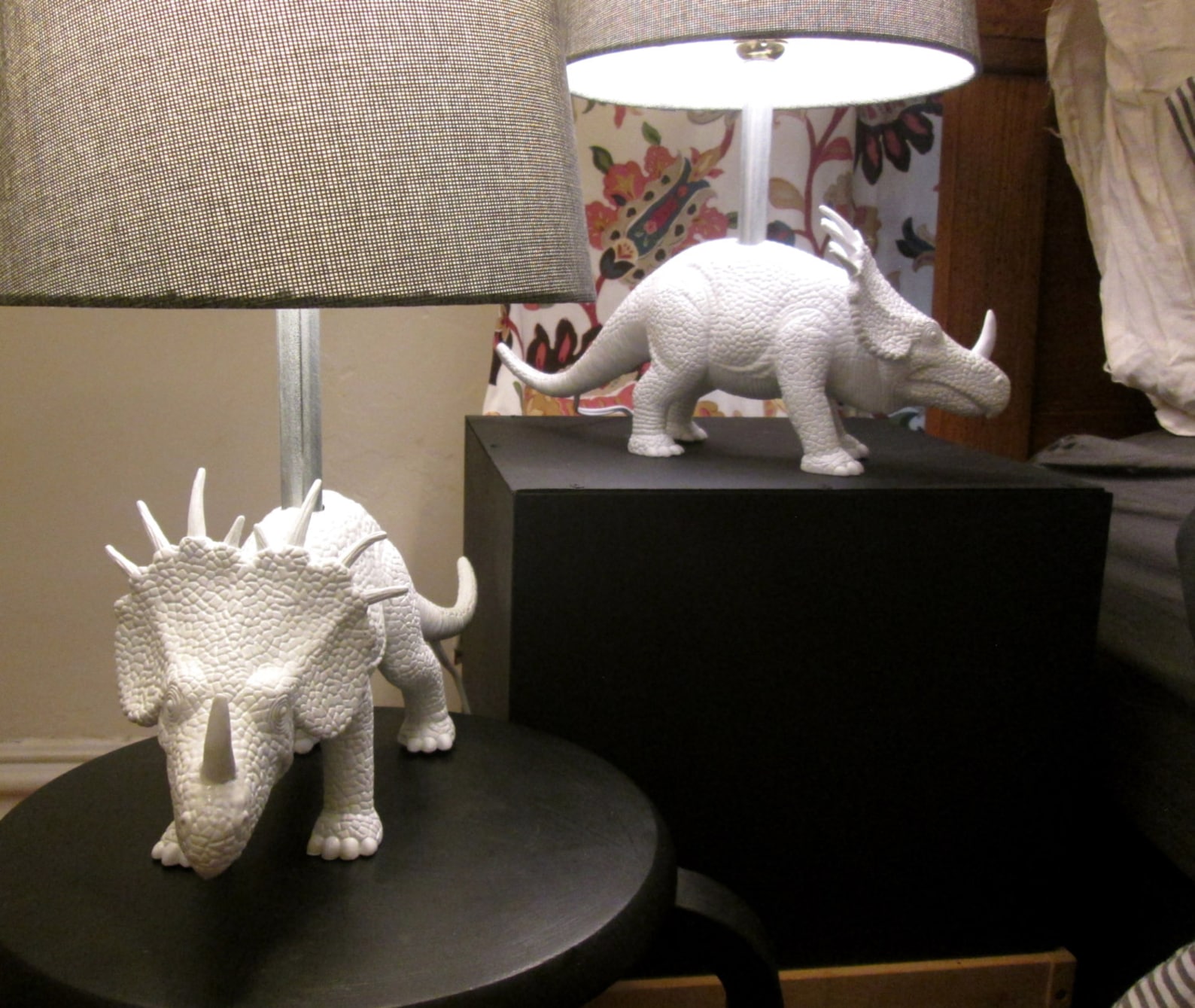 Modern dinosaur lamp in glossy white and gray linen Etsy