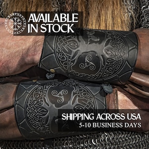 Larp armor Arm guard Leather bracelet Cuffs LARP Leather Bracers Armor Yggdrasil World Tree with Celtic design Viking armor: a pair