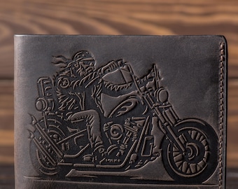 Leather Biker Wallet – Leather Bifold – Embossed Motorcycle Rider Design – RFID Blocking Men’s Wallet