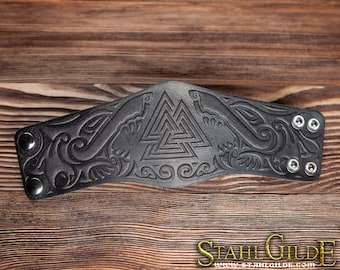 Viking Leather Bracelet for Men, Trendy Handcrafted Wide Cuff, Ideal Norse Mythology Themed Gift, Walknut Leather Brace