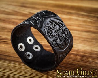 Vikings Nordic Leather Brace, Leather Engraved Bracelet For Him And Her, Norse Styled Cuff Wristband, Celtic Knotwork Wristband