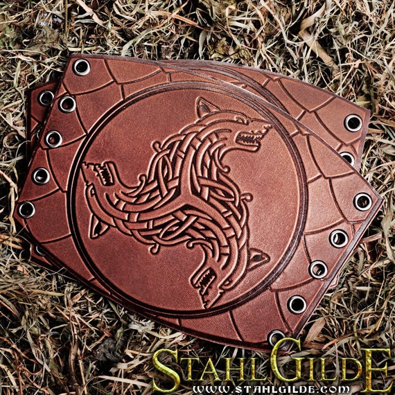 Handmade A Pair Leather Cuffs LARP Bracers Armor Wolves Celtic brown