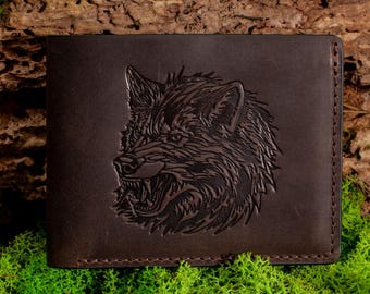 Leather Wallet with Wolf Head Engraving – Handmade Full Grain Leather Bifold, RFID Blocking, Gift for Men, Viking Style Wallet