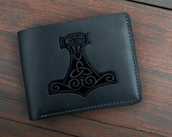 Leather Viking Wallet – Thor’s Hammer Mjölnir Embossed – Handmade Full Grain Leather Bifold – Norse Symbol RFID Wallet for Men