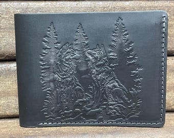 RFID Blocking Leather Wallet with Wolves Embossing  Nature Inspired Gift