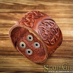 Viking Celtic Leather Wristband - Nordic Knotwork Talisman Cuff, Unique Carved Bracer,  Handcrafted Celtic Leather Cuff, Gift For Men