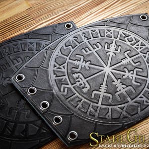 Viking Leather Cuff Bracers with Vegvisir Compass & Futhark Runes - Nordic LARP Armor Engraved Arm Guards, Medieval Viking Cosplay Accessory
