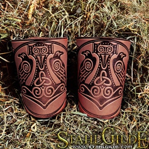Engraved Viking Arm Armor, Leather Bracers, Cuff Archery Arm Guards, LARP Bracers Armor, Thor&#39;s Hammer Mjolnir Viking Leather Engraved