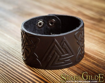 Leather  Bracelet Cuff Wristband Valknut Celtic Knotwork  Vikings Nordic Talisman Amulet  Carving Leather, Viking protective amulet