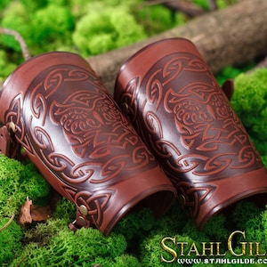 Archery arm guard, Leather bracers Viking Armor Cuff, LARP Bracers Armor Owl Celtic Spiritual Vikings Norse Amulet with Celtic design