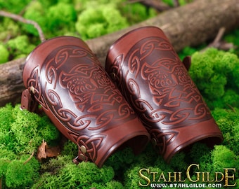 Archery arm guard, Leather bracers Viking Armor Cuff, LARP Bracers Armor Owl Celtic Spiritual Vikings Norse Amulet with Celtic design