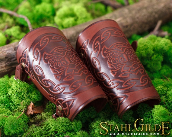 Archery arm guard, Leather bracers Viking Armor Cuff, LARP Bracers Armor Owl Celtic Spiritual Vikings Norse Amulet with Celtic design