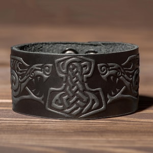 Viking Leather Bracelet – Fenrir & Mjolnir Arm Cuff, Norse Wolf Celtic Knot Wristband, Nordic Pagan Jewelry, Handmade Gift for Men and Women