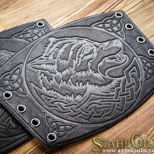 Authentic Viking Bracers: Handmade Leather Armor for Men with Celtic-inspired Details, Perfect Gear for Larp and Viking Enthusiasts