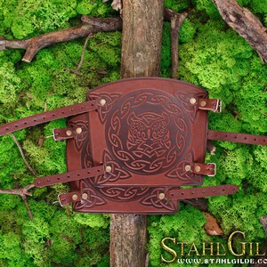 Protezione per il braccio da tiro con l'arco, bracciali in pelle, polsino dell'armatura vichinga, bracciali LARP, gufo dell'armatura, amuleto spirituale vichingo norreno con design celtico immagine 5