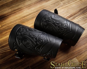 Archery Arm Guard, Leather Cuff, LARP Leather Bracers, Viking Armor, Thor's Hammer Engraved Leather Brace, Archery Accessories