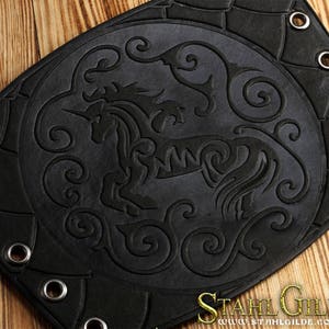 Pair Of Arm guard, Archery Leather Cuffs, LARP Bracers Armor,  Unicorn with Scale design, Viking bracers, Leather Brace, Arm Bracers