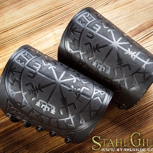 Viking Leather Cuff Bracers with Vegvisir & Futhark Runes - LARP Arm Armor Nordic Amulet, Celtic Gift for Cosplay Enthusiasts