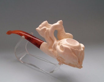 Mermaid and Dolphıns  Meerschaum Pipes handcarved block Meerschaum pipe Tobacoo + with case