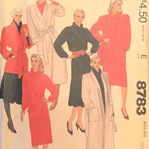 Vintage Sewing Pattern #8783 McCall&#39;s, 1980&#39;s Fashion, Misses Belted Coat, Dress or Tunic, and Skirt, Size 14-16, Never Used