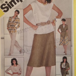 Vintage Sewing Pattern #5481 Simplicity, 1980&#39;s Fashion, Misses Pants, Bias Skirt, Pullover Top and Unlined Jacket, Size 14, Never Used