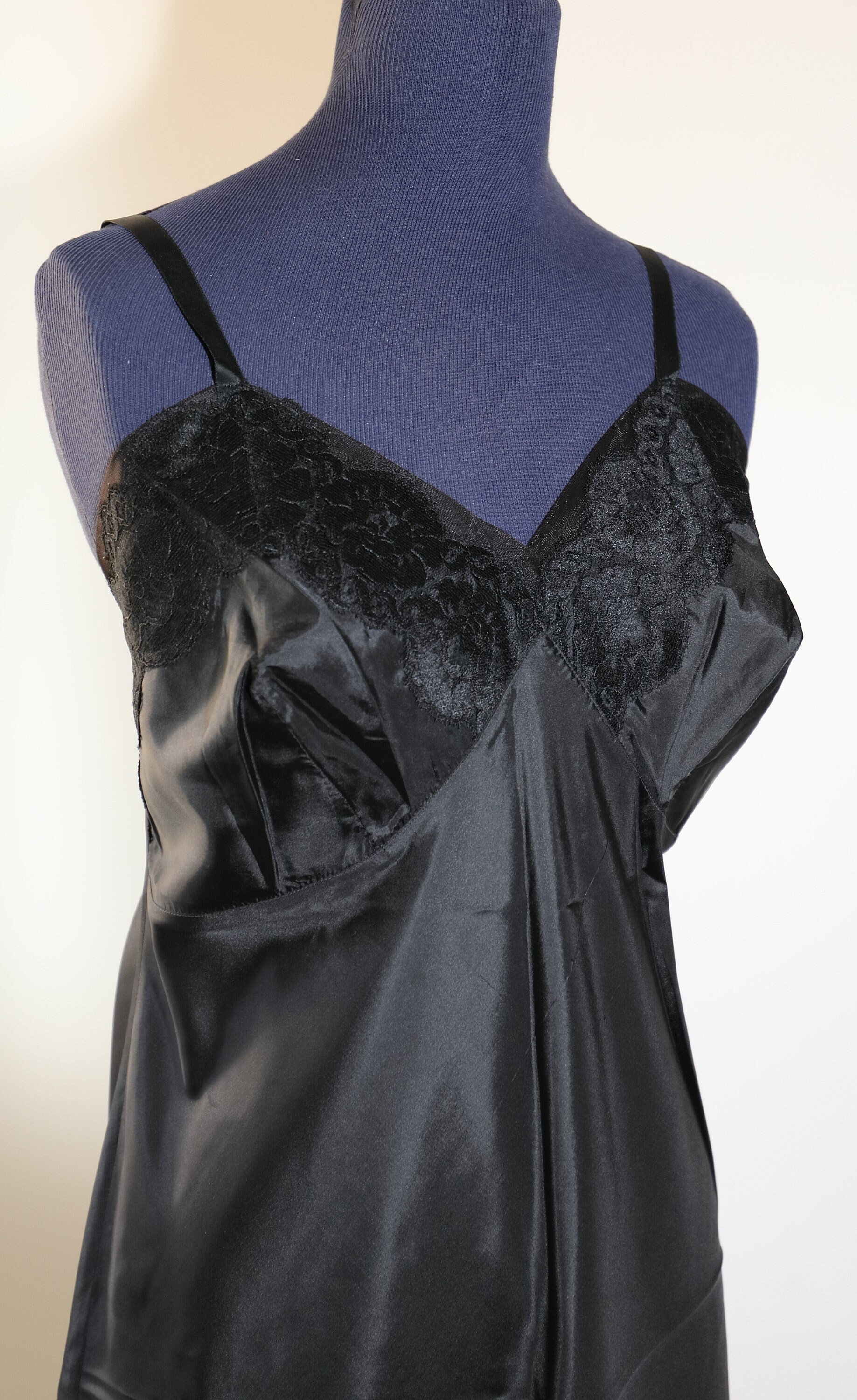 Vintage Silky Satin Full slip with delicate lace trim. Black Etsy