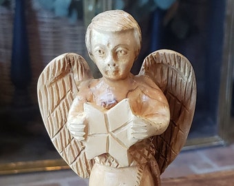 Vintage Wood Angel - Hand Carved Angel with Star Folk Wooden Art Angel with star Outsider Art