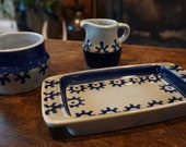 Vintage 1980s German Art Pottery Waku Feuerbest Westerworld Creamer and Sugar bowl and Butter Dish-Tray - Salt Glazed Stoneware