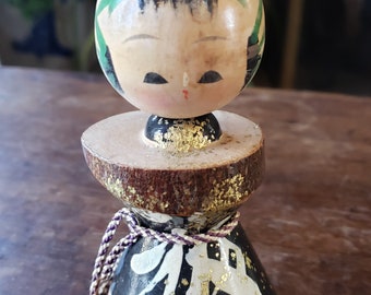 Vintage 1960s Kokeshi Doll - Wooden Bobble Head Kokeshi Doll - Japan