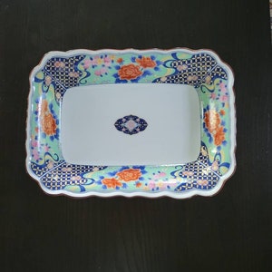 Vintage Japanese Porcelain Rectangular Dish with Peonies