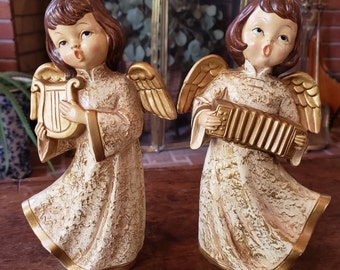Vintage MCM Paper Mache Musical Angels - Gold Angels Christmas Decorations