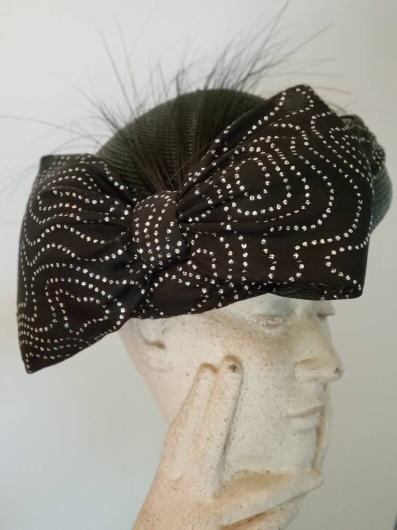 Vintage Sylvia Straw Cloche Hat with Exaggerated Bow and Burnt Feathers