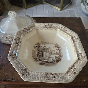 Antique Brown Transferware Ironstone Covered Vegetable Dish Marked &quot;J E&quot; Octagon Transferware Dish with lid
