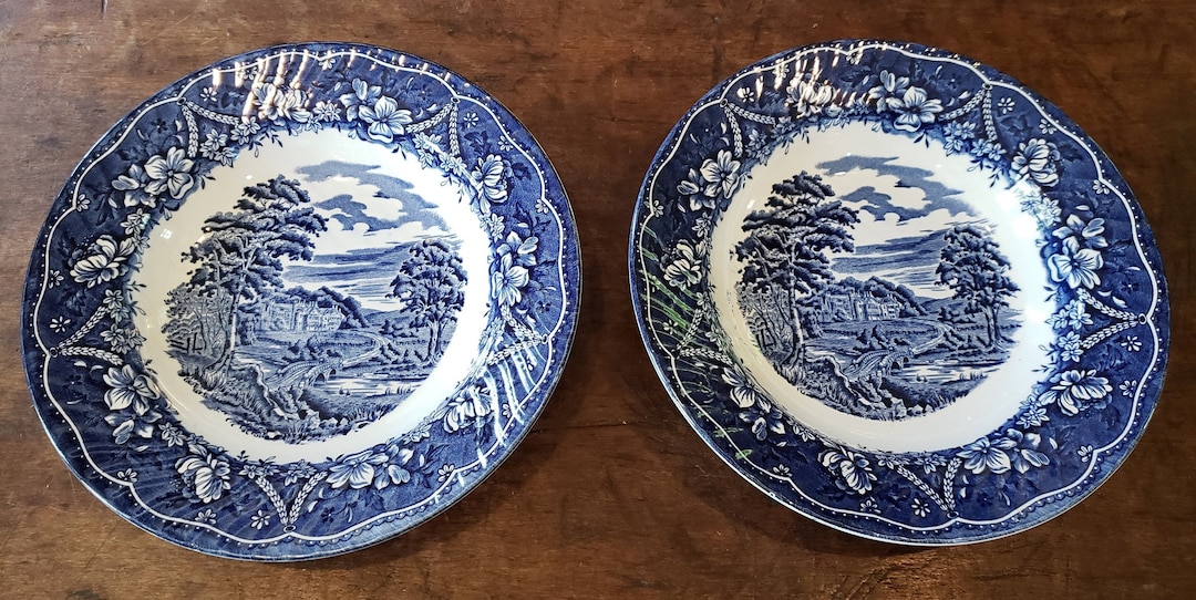 Vintage Staffordshire Old Castle Soup Bowls - Blue Transferware