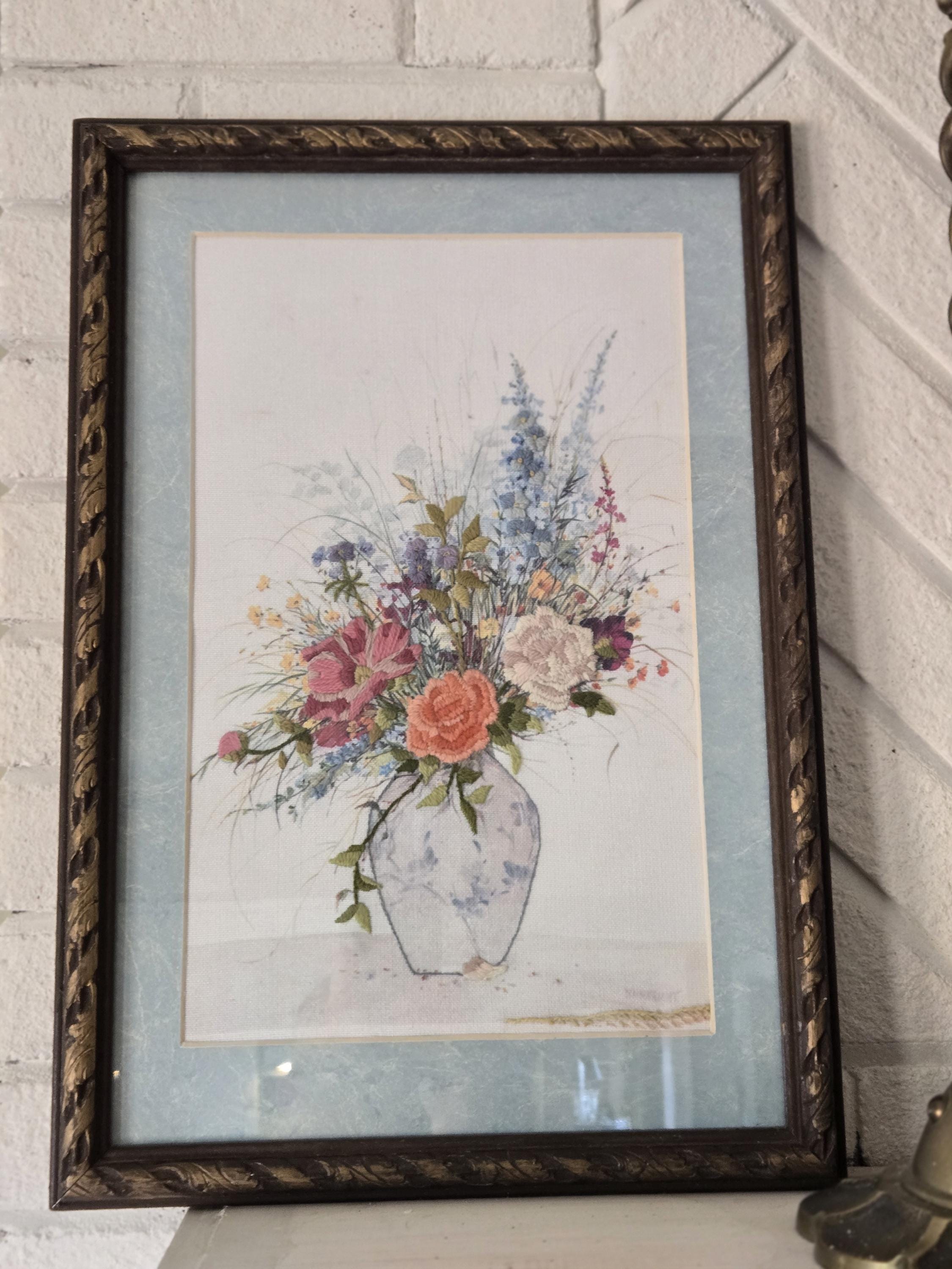 Vintage 1980s Framed Crewel Floral Embroidery Wall Art - Etsy