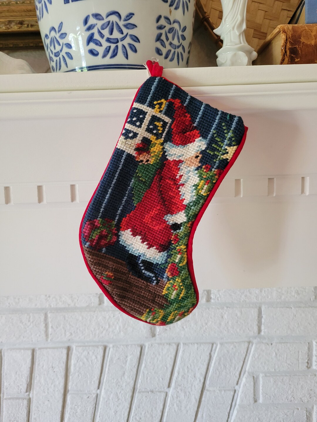 Vintage Needlepoint Christmas Stocking Small Needlepoint Christmas Stocking Etsy