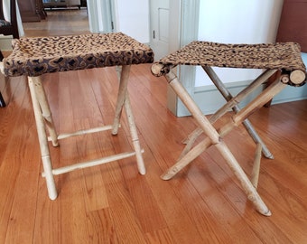 Vintage Bamboo Folding Stools - Leopard Print Fabric, Set of 2