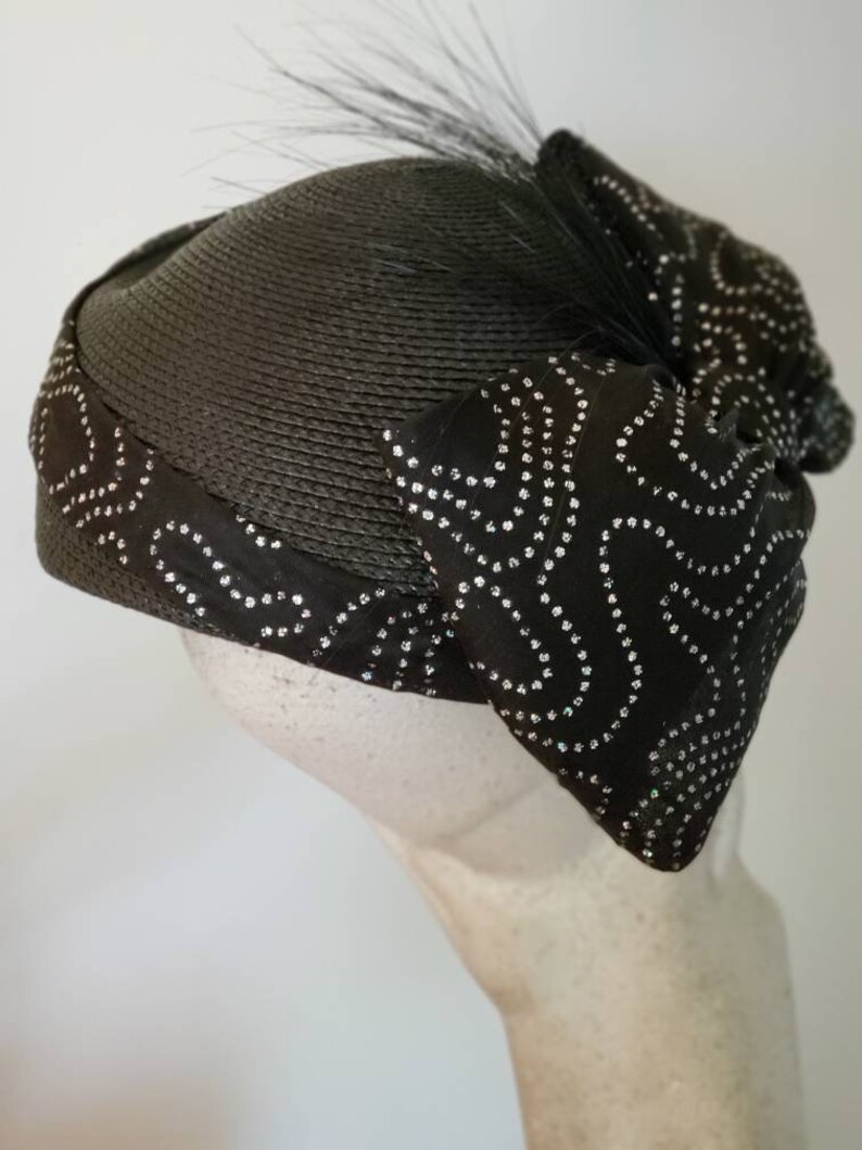Vintage Sylvia Straw Cloche Hat with Exaggerated Bow and Burnt Feathers