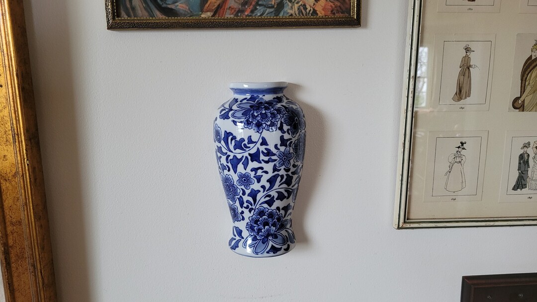 Vintage Chinoiserie Wall Vase Blue and White Chinese Porcelain Half Vase Wall Pocket 8 1/4
