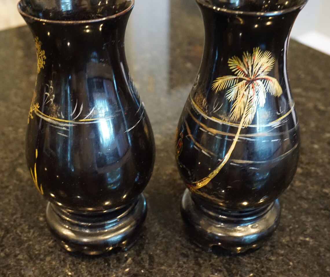 Vintage Black Lacquer Wooden Vases 1960s Lacquer Vases Set Etsy